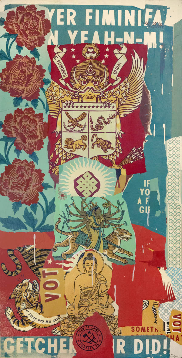 Ravi Zupa Fiminifa, 2023 torn screenprints, relief, toner, intaglio, and offset lithograph prints, acrylic, mounted on wood with matte medium 48 x 24 in 121.9 x 61 cm