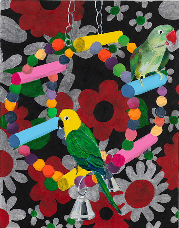 Karen Lederer painting of colorful birds on perches with red, black and silver floral background