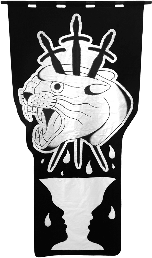 embroidered black and white banner of a panther's head pierced with three swords
