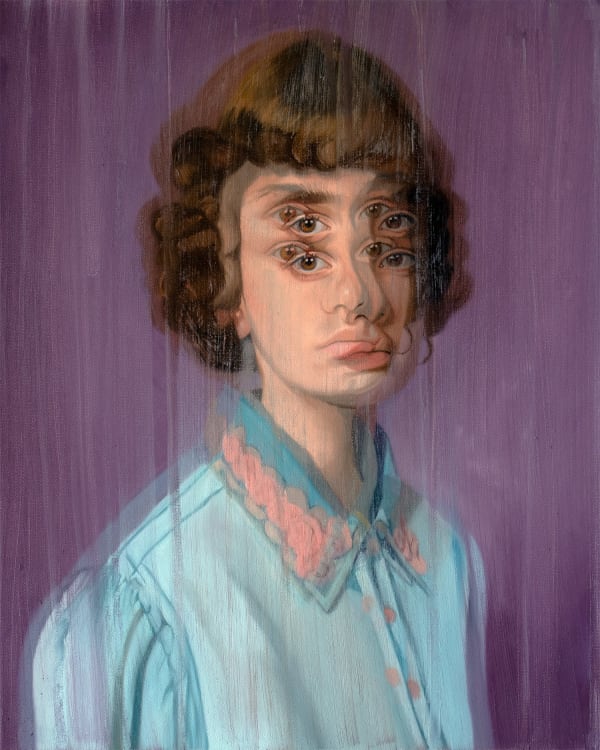 blurred portrait of a woman with shirt brown hair on a purple background
