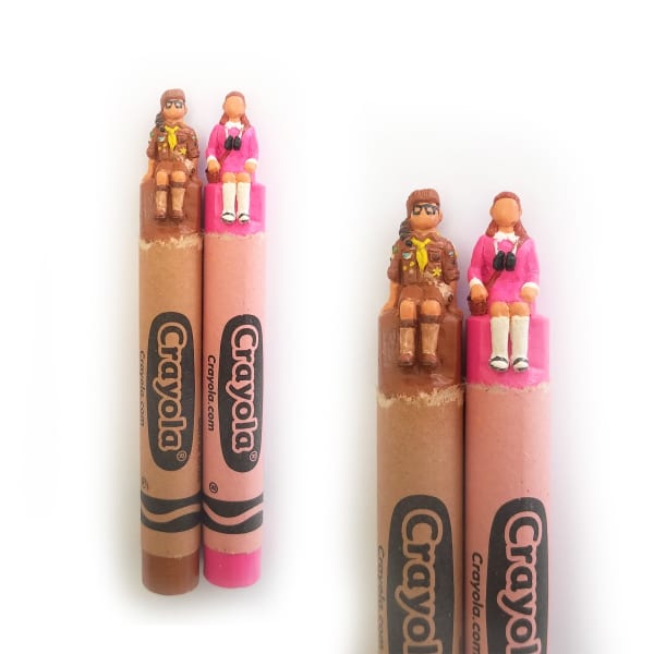 carved wax crayon portrait of Sam and Suzy from "Moonrise Kingdom" by Hoang Tran