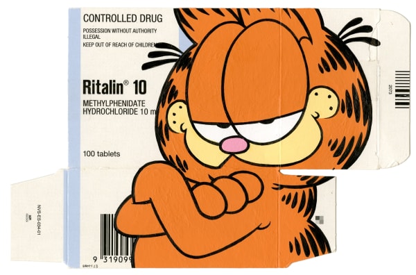 cartoon character Garfield painted on Ritalin packaging