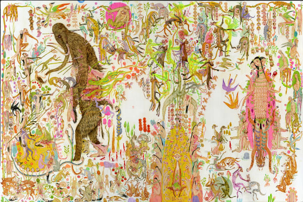 Mu Pan painting of animals and human hybrid creatures eating, fighting, sleeping, etc