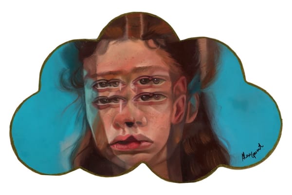 painting of a girl with blurred eyes by Alex Garant