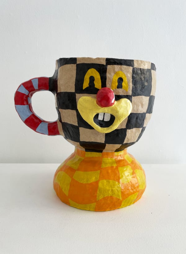 Christopher Gale large vase with handle and face, checkered pattern