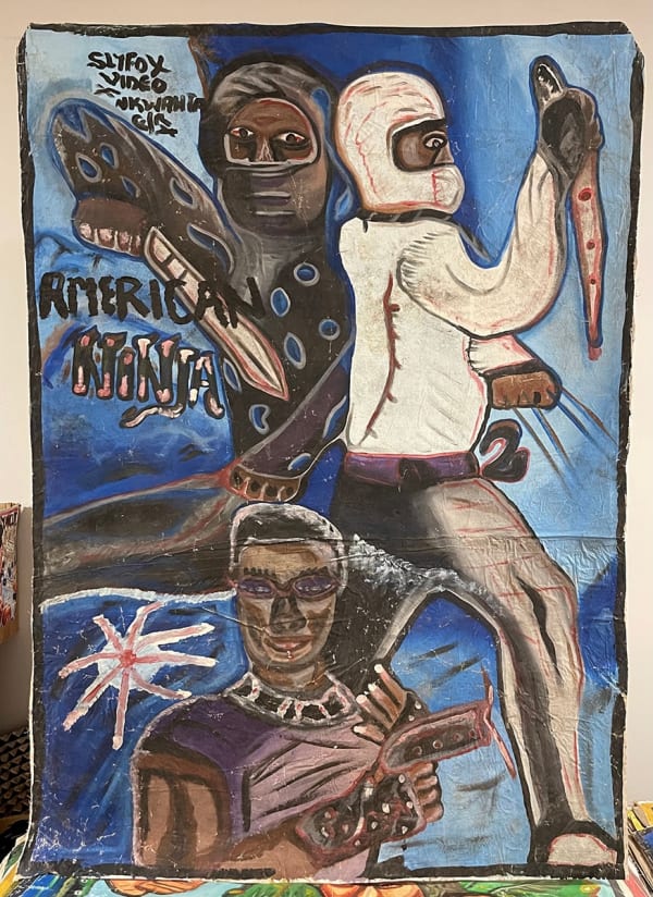 Deadly Prey (Sly Fox Video Club) American Ninja, 2010’s oil and enamel on flour sack 56 x 40 in 142.2 x 101.6 cm