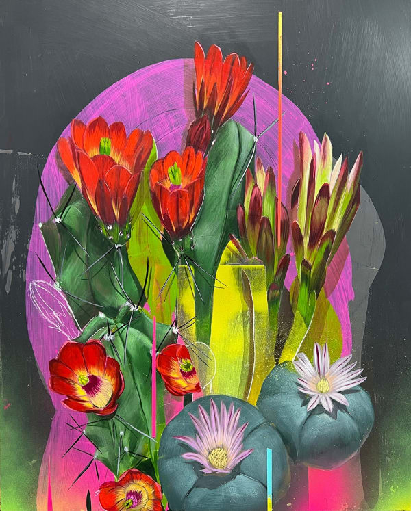 painting of cactuses and their blooming flowers over a black and pink background