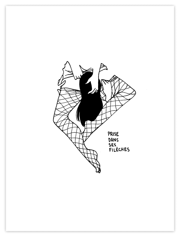 line drawing of the back of a woman's head between two legs wearing fishnets