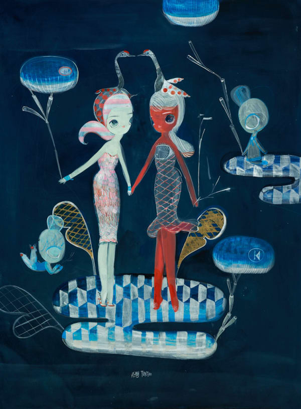 Painting of a pair of nymphs holding hands by Kelly Tunstall