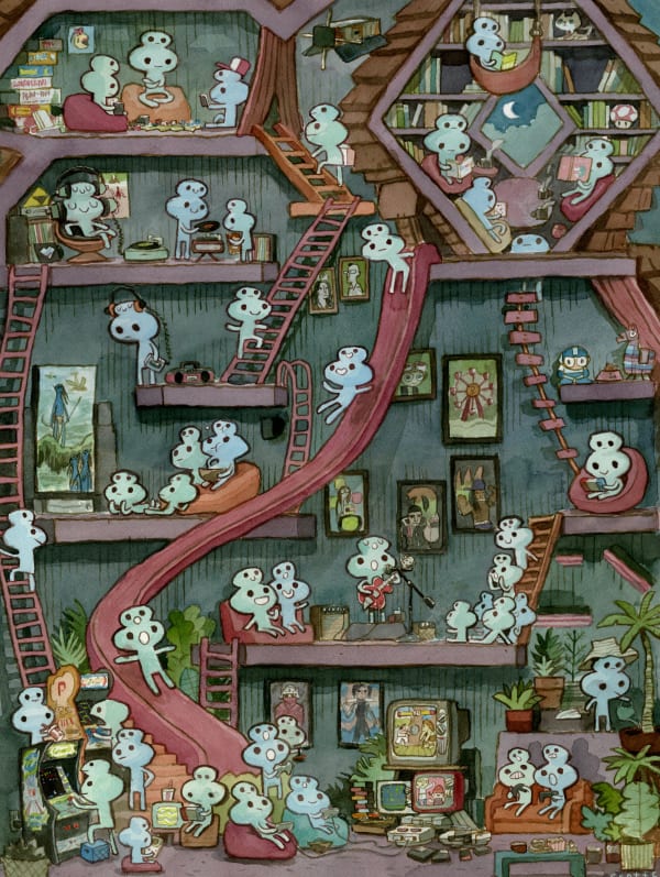 little blue creatures going up and down slides and ladders