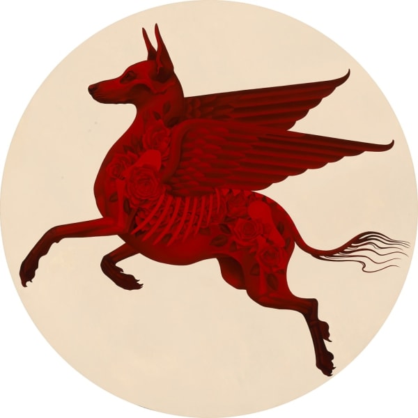 Painting by Gustavo Rimada for "Supersonic Invitational X". Winged red dog with visible skeleton.