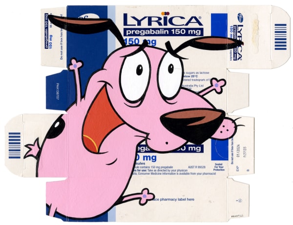 cartoon character Courage the Cowardly Dog painted on Lyrica packaging