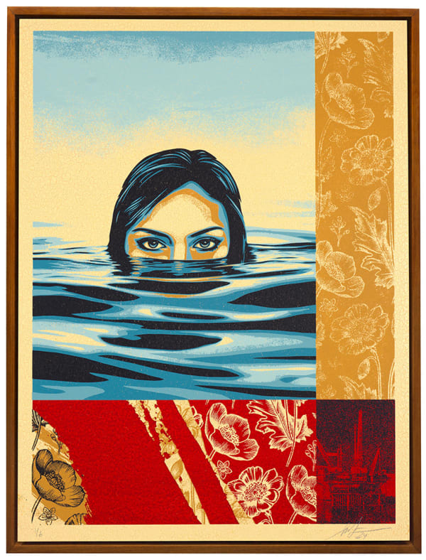 image of a woman with her head halfway below the water collaged with red and yellow patterned rectangled