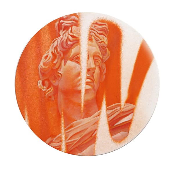 Circular painting of a marble statue with orange spray paint