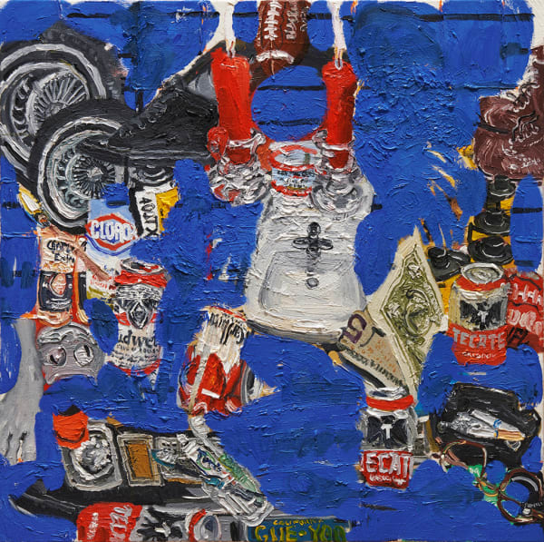 Emilio Villalba blue painting of sink, candles and beer