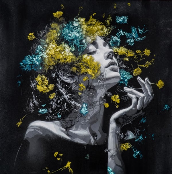 SNIK Morning Light (Yellow), 2024 hand-cut eight layer stencil on canvas 24 x 24 in 61 x 61 cm