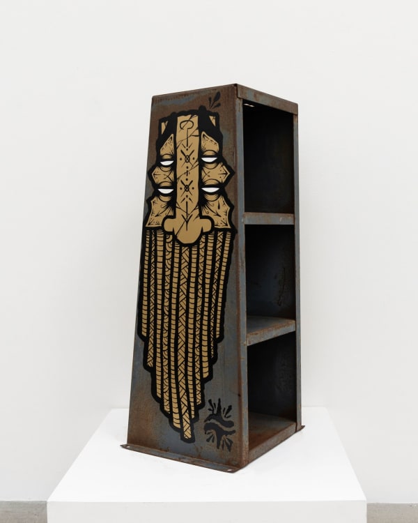 Metal shelf with GATS character painted on the sides and a metal chain painted on the back