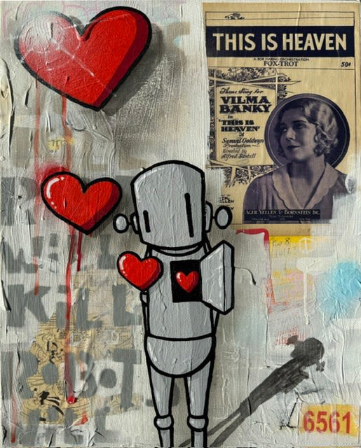 grey robot with multiple red hearts coming out of his chest