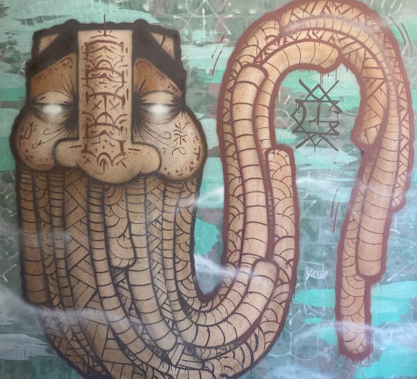 painting of a GATS mask with a long beard over a blue background