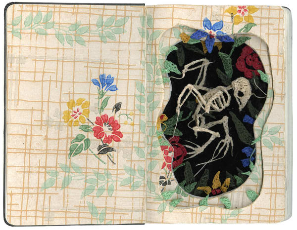 Caitlin McCormack: carved moleskin with a crocheted bird against a black background with floral details by artist Caitlin McCormack