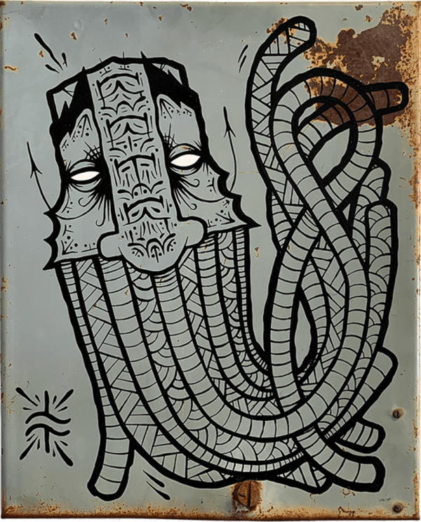 GATS Radio Waves, 2025 enamel on metal from abandoned radio station 15 x 12 1/4 x 2 in 38.1 x 31.1 x 5.1 cm