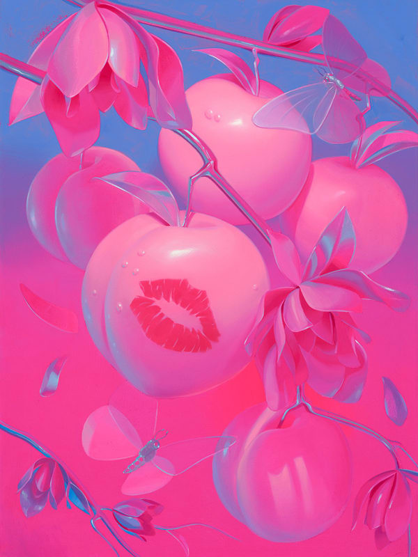 Painting of a peach tree, with many luscious light pink peaches hanging off a branch surrounded by translucent butterflies, and the largest peach has a red lipstick kiss mark by Megan Ellen MacDonald
