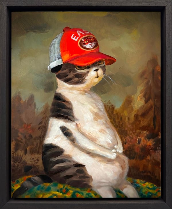 cat sitting upright with an orange hat