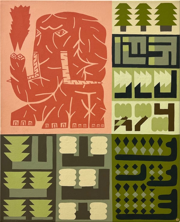 geometric green patterns and a red image of an elephant