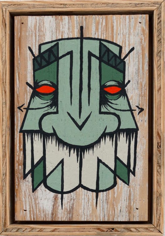 GATS character in green and white painted on a white wooden background
