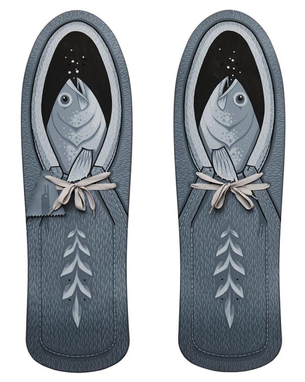 Set of two skate decks painted in a grayscale depicting a set of fish nestled in a carrier, complete with tied laces and other detailing throughout by artist Jeremy Fish