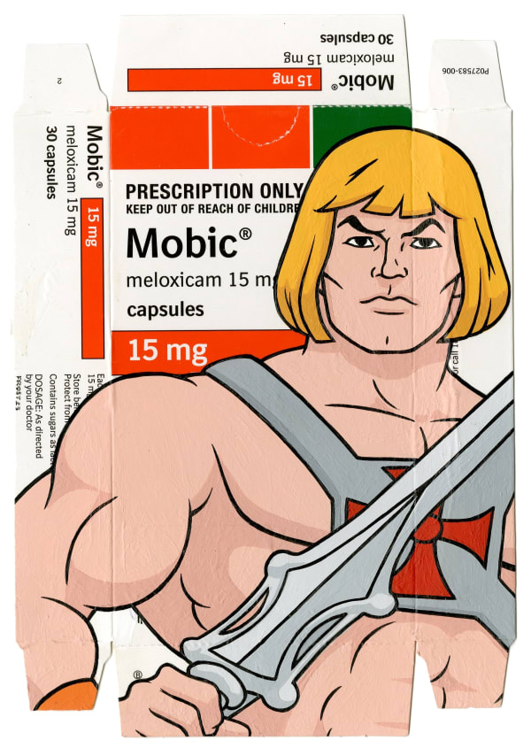 cartoon character He-Man painted on Mobic packaging