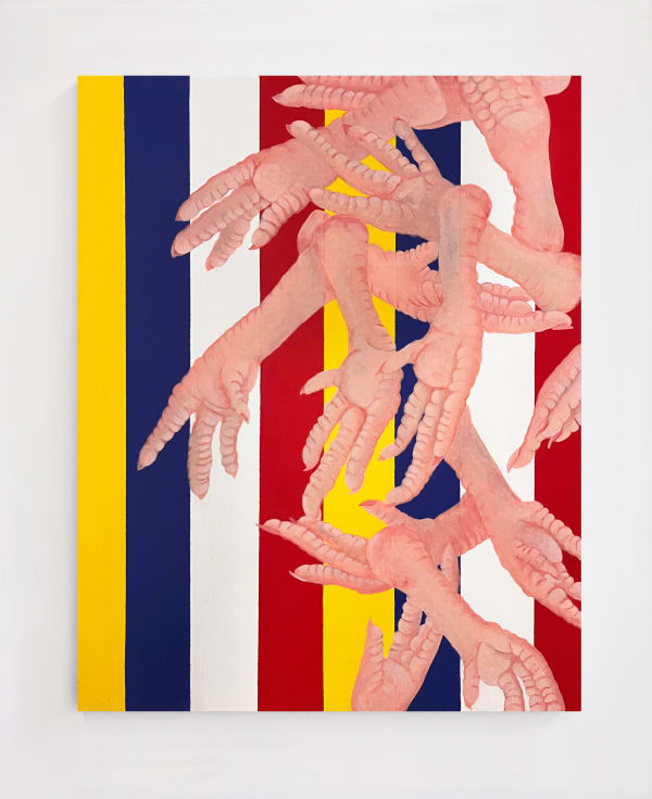 Crys Yin "On a Stick" acrylic painting on wood panel featuring an assortment of hands with a blue, red and yellow striped graphic background