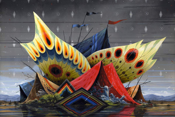 surreal painting of a series of tents