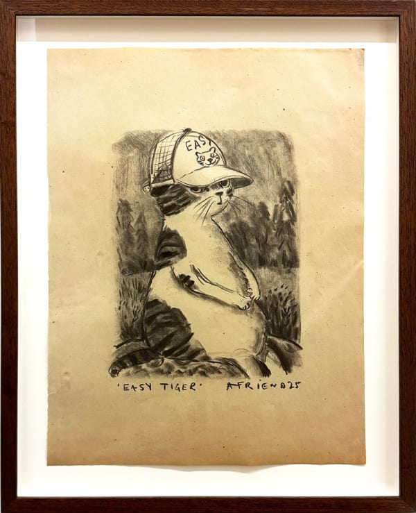 charcoal drawing of cat in baseball hat