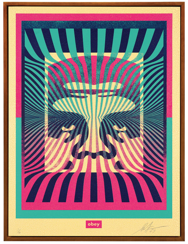 upper half of a drawing of a face with blue, oink, and beige lines ground through it with a beige border