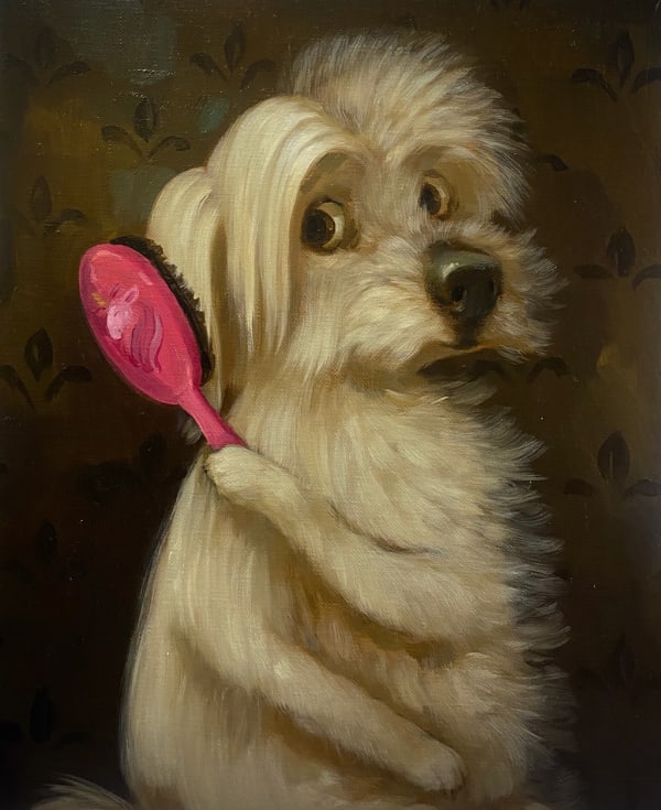 Painting of a white dog holding a pink brush, brushing his ear