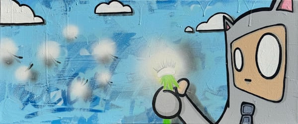 grey character against a blue sky with white clouds