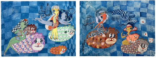 sea fair ladies on top of round imaginary animals swimming through water