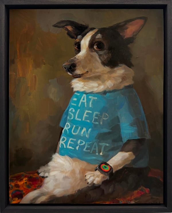 dog sitting upright with t-shirt that says "Eat. Sleep. Run. Repeat." and wearing an apple watch