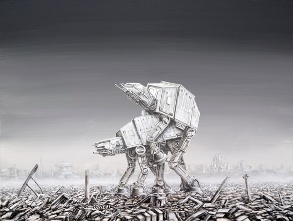 Painting of two white robots in a gray trash field