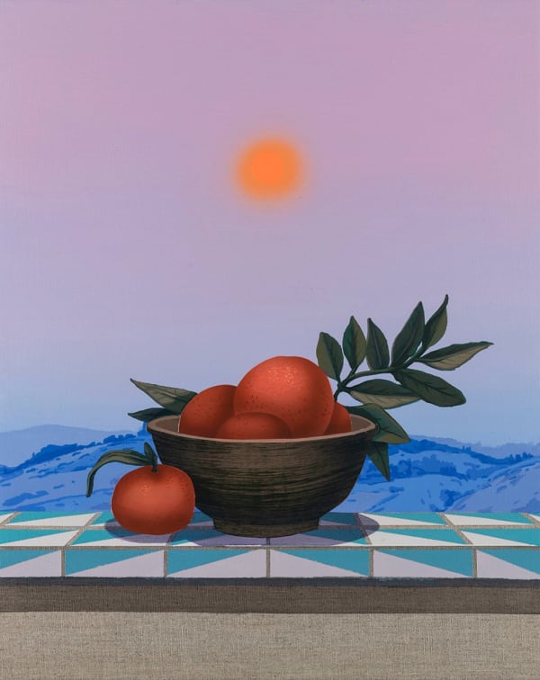 Robert Minervini painting of bowl of oranges with purple dusky background and moon