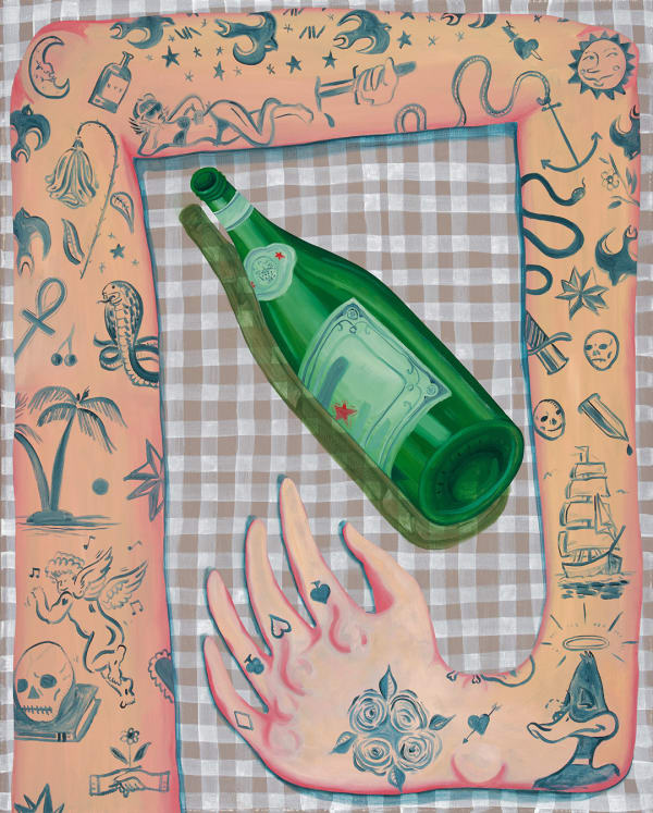 Nicholas Zirk "Self Care" oil and acrylic painting of beer bottle on brown checkered pattern surrounded by a tattooed arm