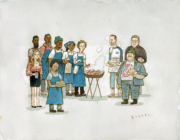 characters from the tv show The Bear all having a barbeque
