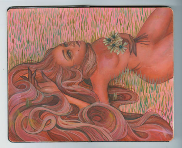 Painting of a naked woman lying on her back in the grass with her hair flowing and holding a small boutique of daisies.