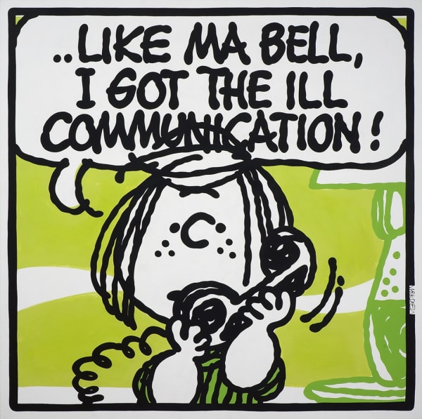 painting of cartoon character "peppermint patty" on the phone with rap lyrics above her head