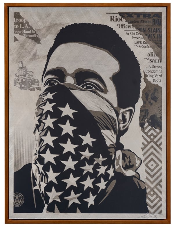 black and white screen print of a man with an American flag bandana covering half of his face