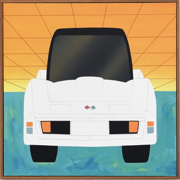 Painting of a white car on blue ground with orange checkered sky