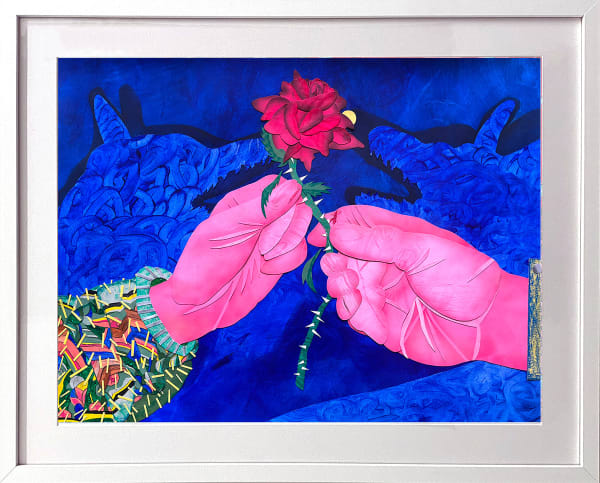 David Heo collage of two red hands holding a rose covered in thorns over a blue background