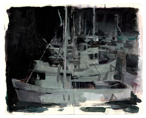painting of ships parked in a marina - dark colors