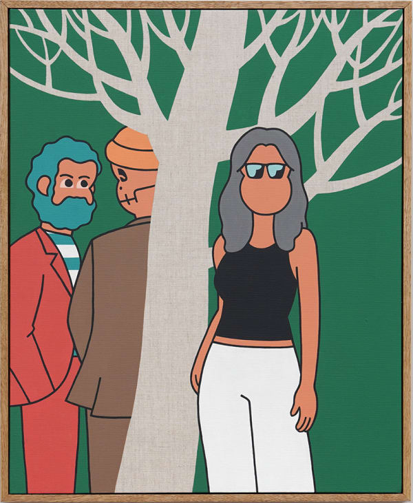Painting of a three figures standing under a bare tree on a green background